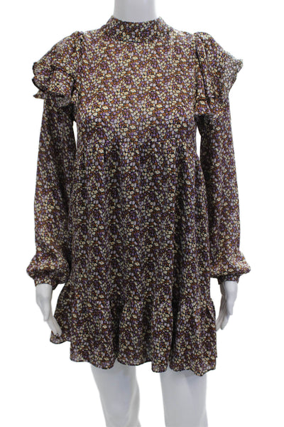 Zara Women A-Line Mini Black Floral Long Sleeve High Neck Dress Size XS
