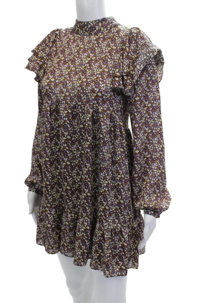 Zara Women A-Line Mini Black Floral Long Sleeve High Neck Dress Size XS