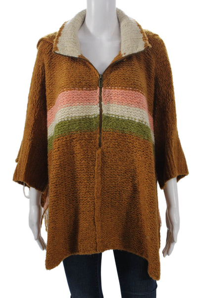 Free People Womens Brown Striped Full Zip Collared 3/4 Sleeve Sweater Size XS