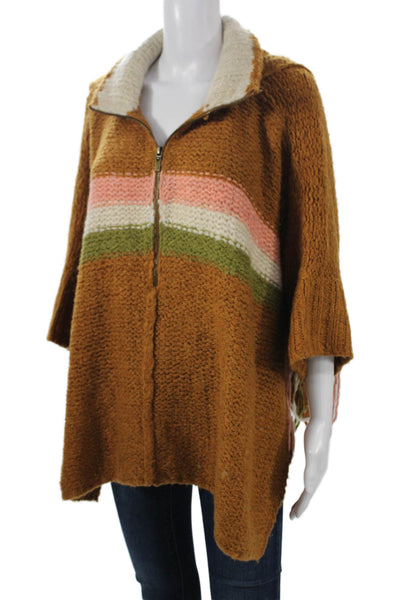 Free People Womens Brown Striped Full Zip Collared 3/4 Sleeve Sweater Size XS