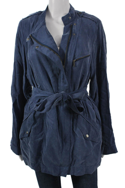 Cole Haan Womens Biker Military Jacket Blue High Neck Button Size 8