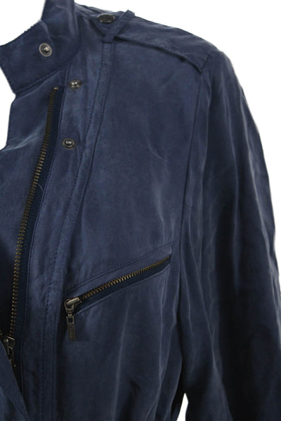 Cole Haan Womens Biker Military Jacket Blue High Neck Button Size 8