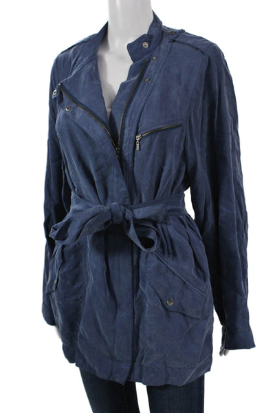 Cole Haan Womens Biker Military Jacket Blue High Neck Button Size 8