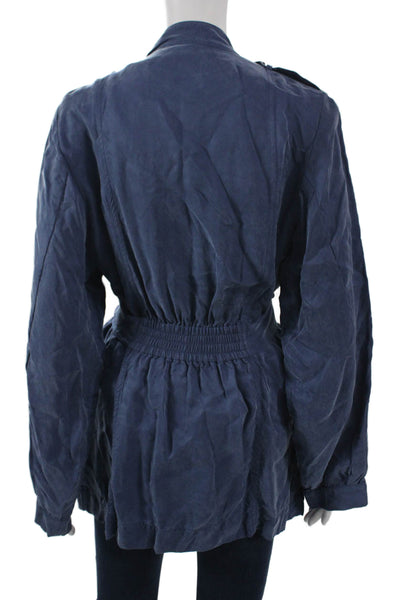 Cole Haan Womens Biker Military Jacket Blue High Neck Button Size 8