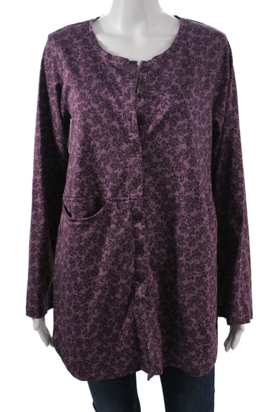 Flax Womens Bohemian Floral Tunic Button-Up Purple Long Sleeve Cotton Size PP