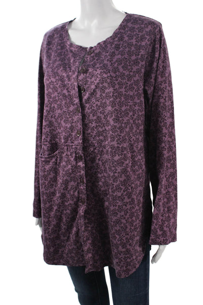 Flax Womens Bohemian Floral Tunic Button-Up Purple Long Sleeve Cotton Size PP
