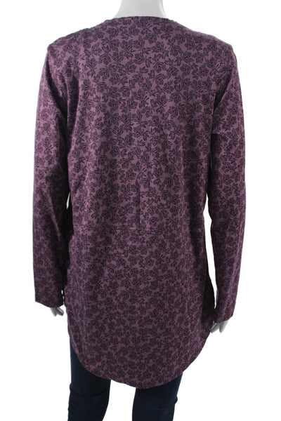 Flax Womens Bohemian Floral Tunic Button-Up Purple Long Sleeve Cotton Size PP