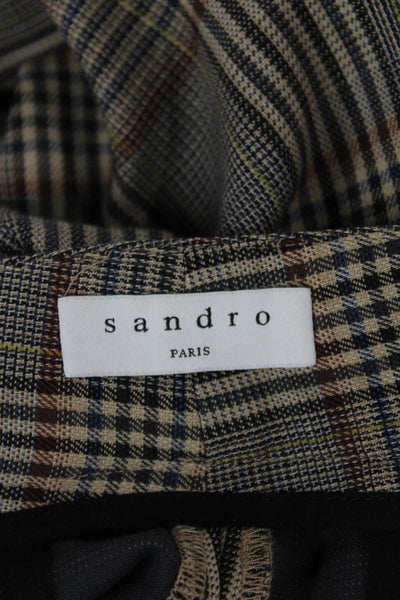 Sandro Women Cropped Ankle Dress Pants Brown Plaid Polyester Hook & Eye Size 38
