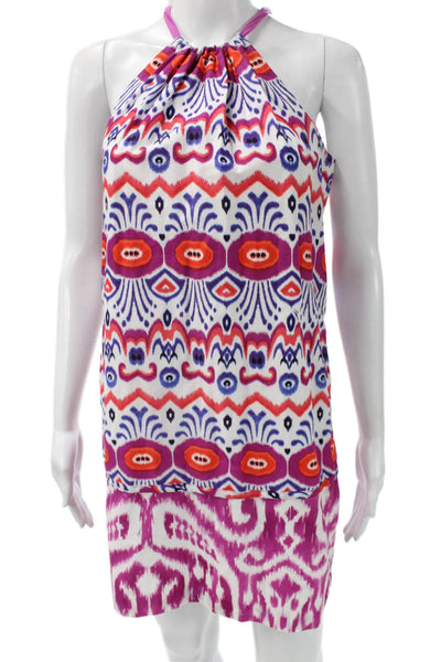 Trina Turk Womens Sleeveless Shift Dress White Geometric Tie Waist Size 4