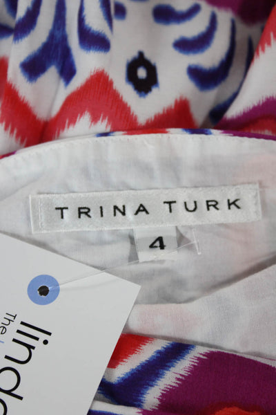 Trina Turk Womens Sleeveless Shift Dress White Geometric Tie Waist Size 4