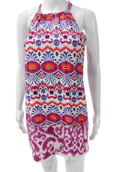 Trina Turk Women Shift Tank Dress Blue Geometric High Neck Sleeveless Size 4