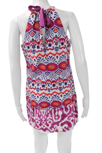 Trina Turk Women Shift Tank Dress Blue Geometric High Neck Sleeveless Size 4