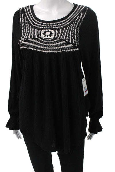 Free People Womens Silk Tunic Blouse Black Long Sleeve Round Neck Size XS