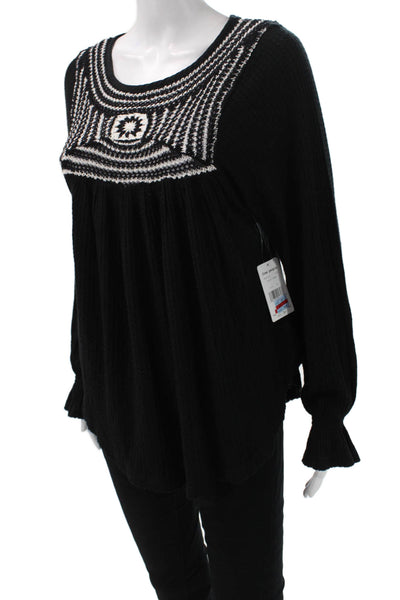 Free People Womens Silk Tunic Blouse Black Long Sleeve Round Neck Size XS