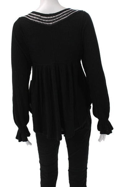 Free People Womens Silk Tunic Blouse Black Long Sleeve Round Neck Size XS
