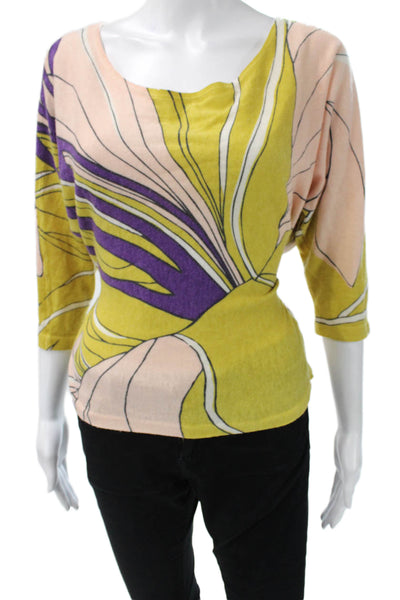 Moth Womens Yellow Floral Tie Neck 3/4 Sleeve Blouse Size XS