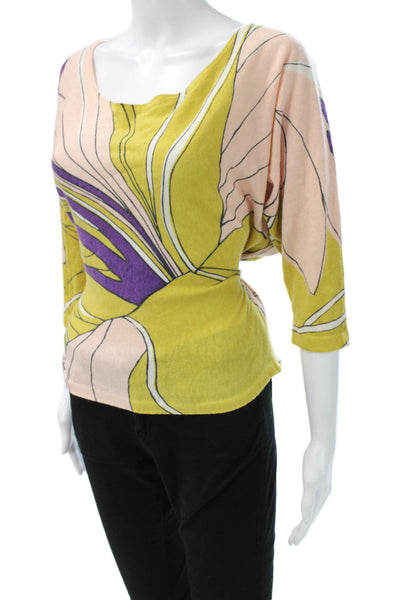 Moth Womens Yellow Floral Tie Neck 3/4 Sleeve Blouse Size XS