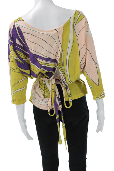 Moth Womens Yellow Floral Tie Neck 3/4 Sleeve Blouse Size XS