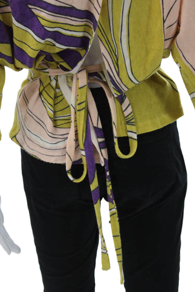 Moth Womens Yellow Floral Tie Neck 3/4 Sleeve Blouse Size XS