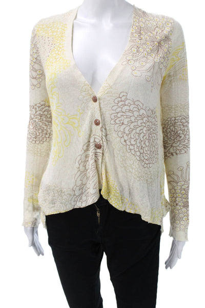 Sparrow Anthropologie Women Beige Floral V-Neck Cardigan Linen Cotton Size XS