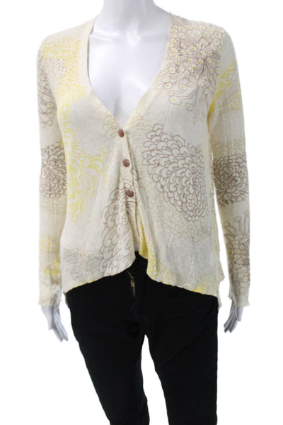 Sparrow Anthropologie Women Beige Floral V-Neck Cardigan Linen Cotton Size XS