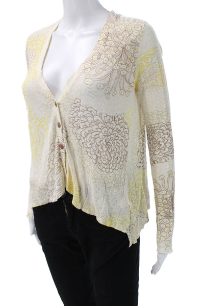 Sparrow Anthropologie Women Beige Floral V-Neck Cardigan Linen Cotton Size XS