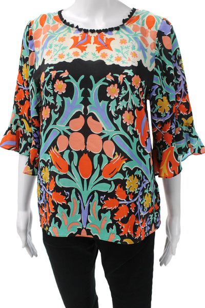 Maeve Anthropologie Women Silk Tunic Black Floral 3/4 Sleeve Round Neck Size 2