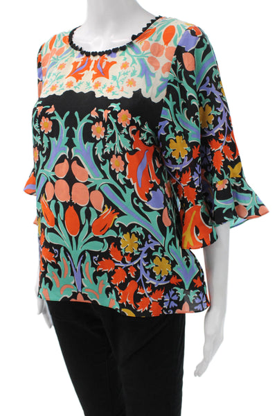 Maeve Anthropologie Women Silk Tunic Black Floral 3/4 Sleeve Round Neck Size 2