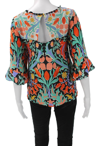 Maeve Anthropologie Women Silk Tunic Black Floral 3/4 Sleeve Round Neck Size 2