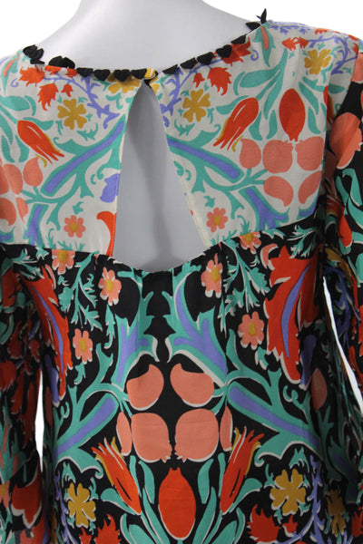 Maeve Anthropologie Women Silk Tunic Black Floral 3/4 Sleeve Round Neck Size 2