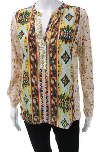 Tiny Womens Bohemian Geometric V-Neck Tunic Blouse Beige Long Sleeve Size S