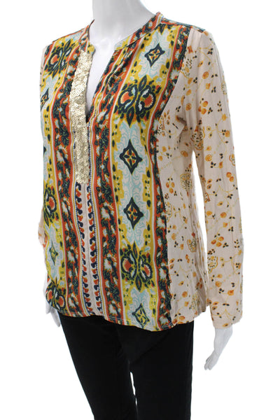 Tiny Womens Bohemian Geometric V-Neck Tunic Blouse Beige Long Sleeve Size S