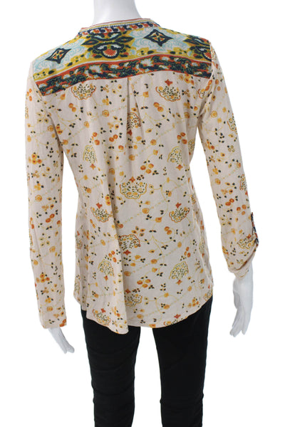 Tiny Womens Bohemian Geometric V-Neck Tunic Blouse Beige Long Sleeve Size S