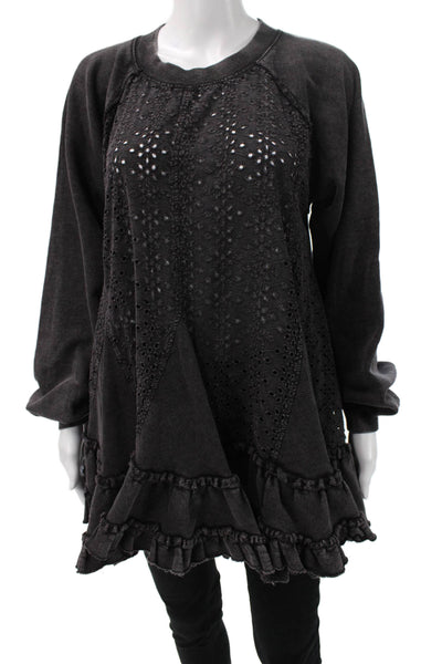 Free People Womens Bohemian Tunic Black Long Sleeve Crew Neck Cotton Size XS