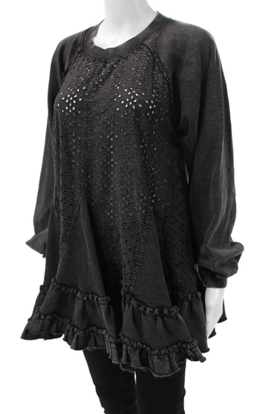 Free People Womens Bohemian Tunic Black Long Sleeve Crew Neck Cotton Size XS
