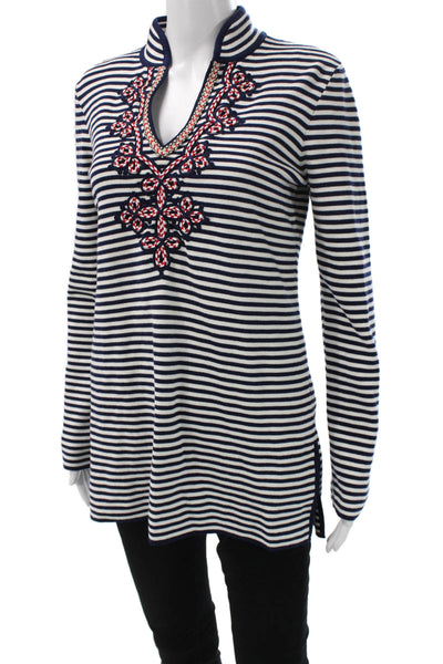 Tory Burch Women Dark Blue Striped Cotton V-Neck Tunic Long Sleeve Size XS