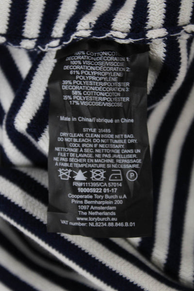 Tory Burch Women Dark Blue Striped Cotton V-Neck Tunic Long Sleeve Size XS