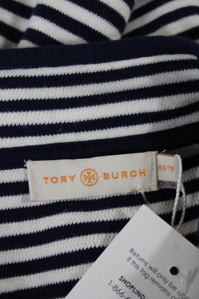 Tory Burch Women Dark Blue Striped Cotton V-Neck Tunic Long Sleeve Size XS