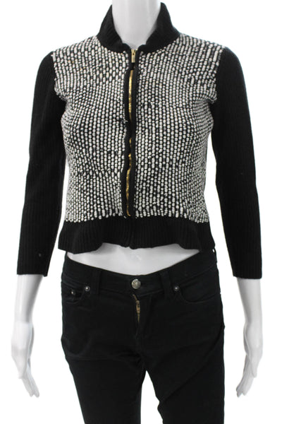 St. John Women Black Wool Polka Dot Full Zip Cardigan 3/4 Sleeve Size PP