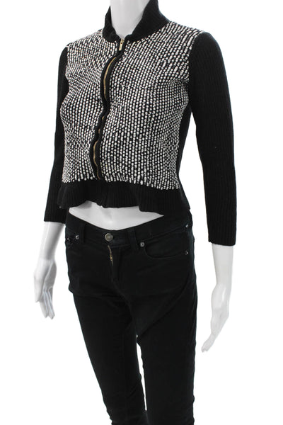 St. John Women Black Wool Polka Dot Full Zip Cardigan 3/4 Sleeve Size PP