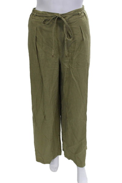 Zara Womens Paperbag Pants Green Drawstring Viscose Linen Size M
