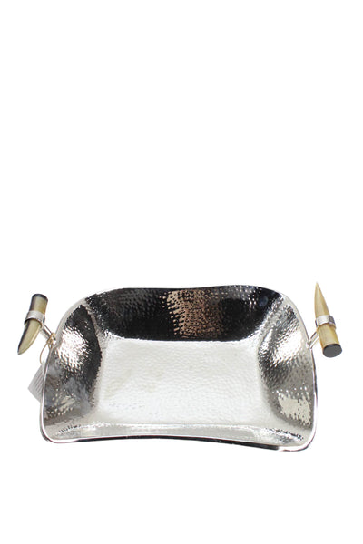 Zodax Silver Tone Faux Horn Resin Handle Hammered Serving Tray 10"x13"