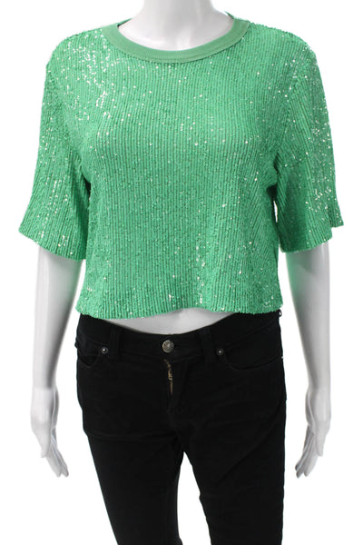 ITMFL Womens Cropped Green Polyester Crew Neck Short Sleeve T-Shirt 80s Size XS
