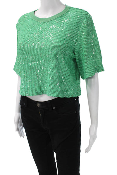 ITMFL Womens Cropped Green Polyester Crew Neck Short Sleeve T-Shirt 80s Size XS