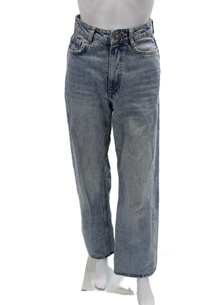 Zara Unisex Straight Wide-Leg Jeans Light Blue High Rise 100% Cotton Size 2