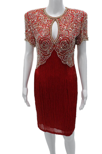 Oleg Cassini Womens Red Sheath Dress Silk Short Sleeve Knee Length Zip Size 8