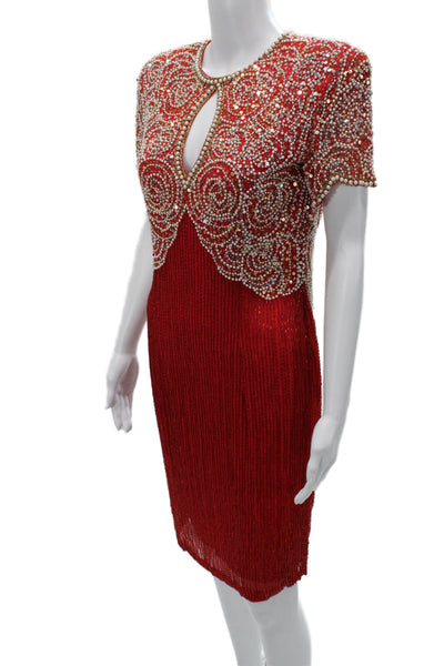 Oleg Cassini Womens Red Sheath Dress Silk Short Sleeve Knee Length Zip Size 8
