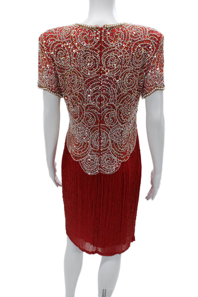 Oleg Cassini Womens Red Sheath Dress Silk Short Sleeve Knee Length Zip Size 8