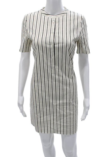 Theory Women Beige Striped Shirt Dress Short Sleeve Crew Neck Button Size S