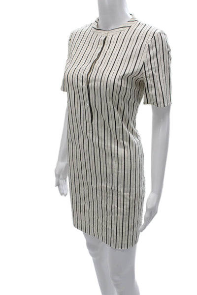 Theory Women Beige Striped Shirt Dress Short Sleeve Crew Neck Button Size S